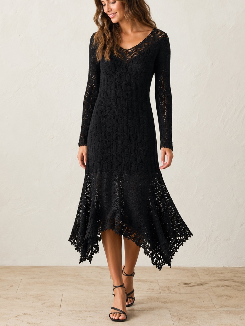 NWT Peruvian Connection Black Colette Lace Sheer Knit Midi Handkerchief Dress